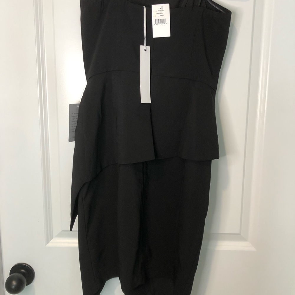 Nordstrom black strapless cocktail dress with slit and ribbing in the waist
